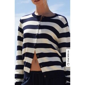 John Galt Stripe Amalie Button Front Cardigan Cotton Nautical Navy Blue Cream OS